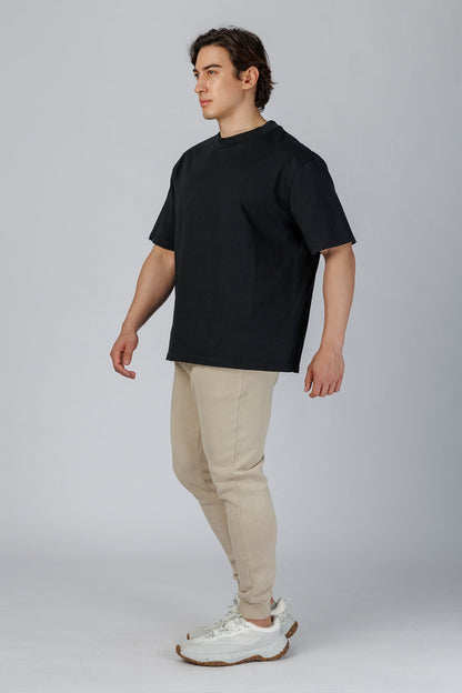 SPJ0350 - Relaxed Fit Mock Neck Straight-Hem Heavyweight Cotton Tee - Black