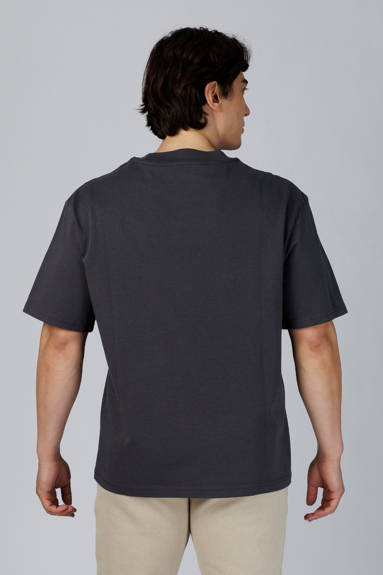 SPJ0350 - Relaxed Fit Mock Neck Straight-Hem Heavyweight Cotton Tee - Dark Grey