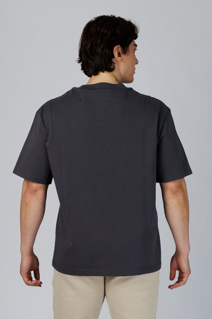 SPJ0350 - Relaxed Fit Mock Neck Straight-Hem Heavyweight Cotton Tee - Dark Grey