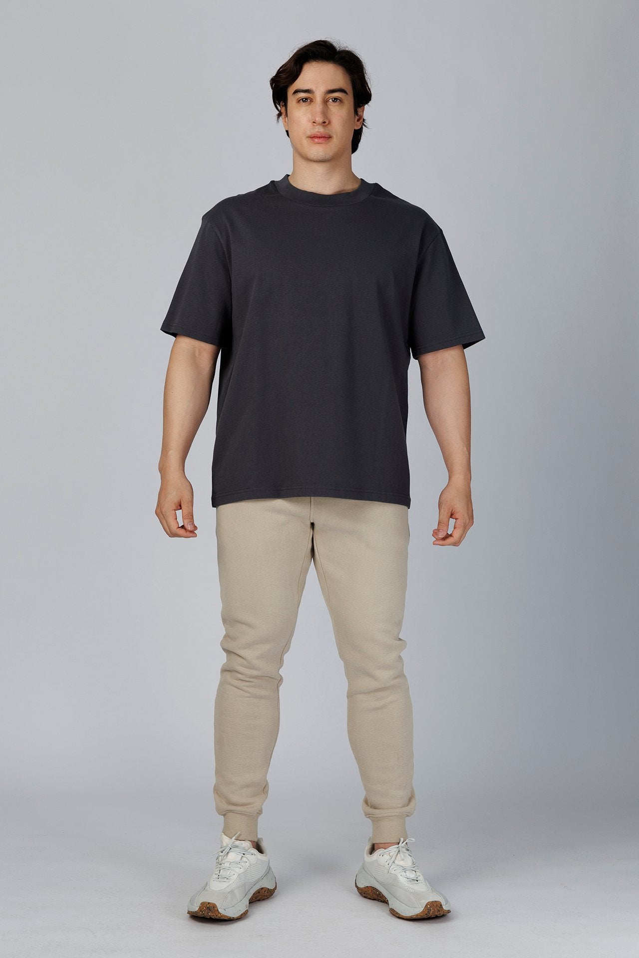 SPJ0350 - Relaxed Fit Mock Neck Straight-Hem Heavyweight Cotton Tee - Dark Grey