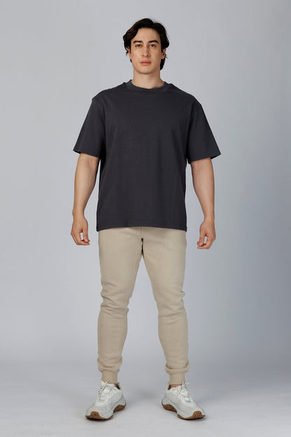 SPJ0350 - Relaxed Fit Mock Neck Straight-Hem Heavyweight Cotton Tee - Dark Grey