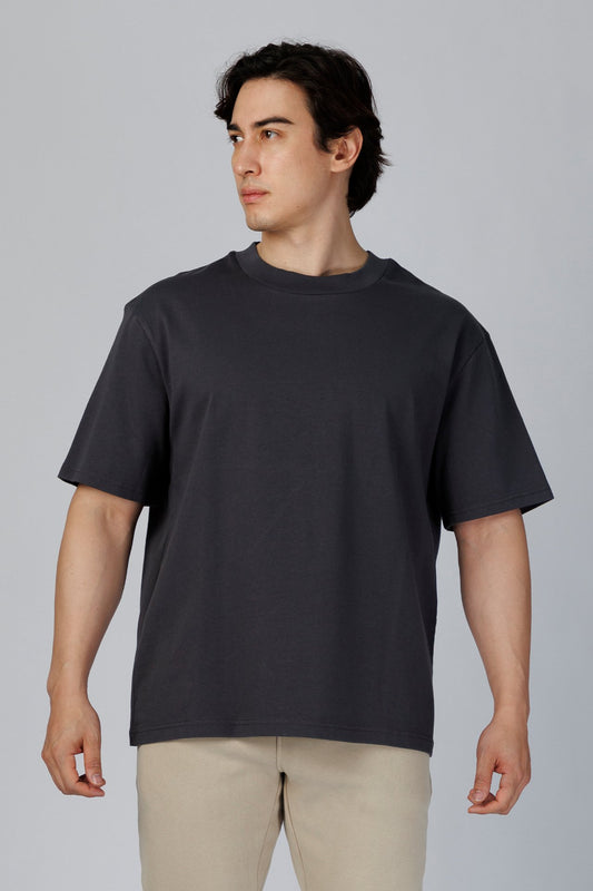 SPJ0350 - Relaxed Fit Mock Neck Straight-Hem Heavyweight Cotton Tee - Dark Grey