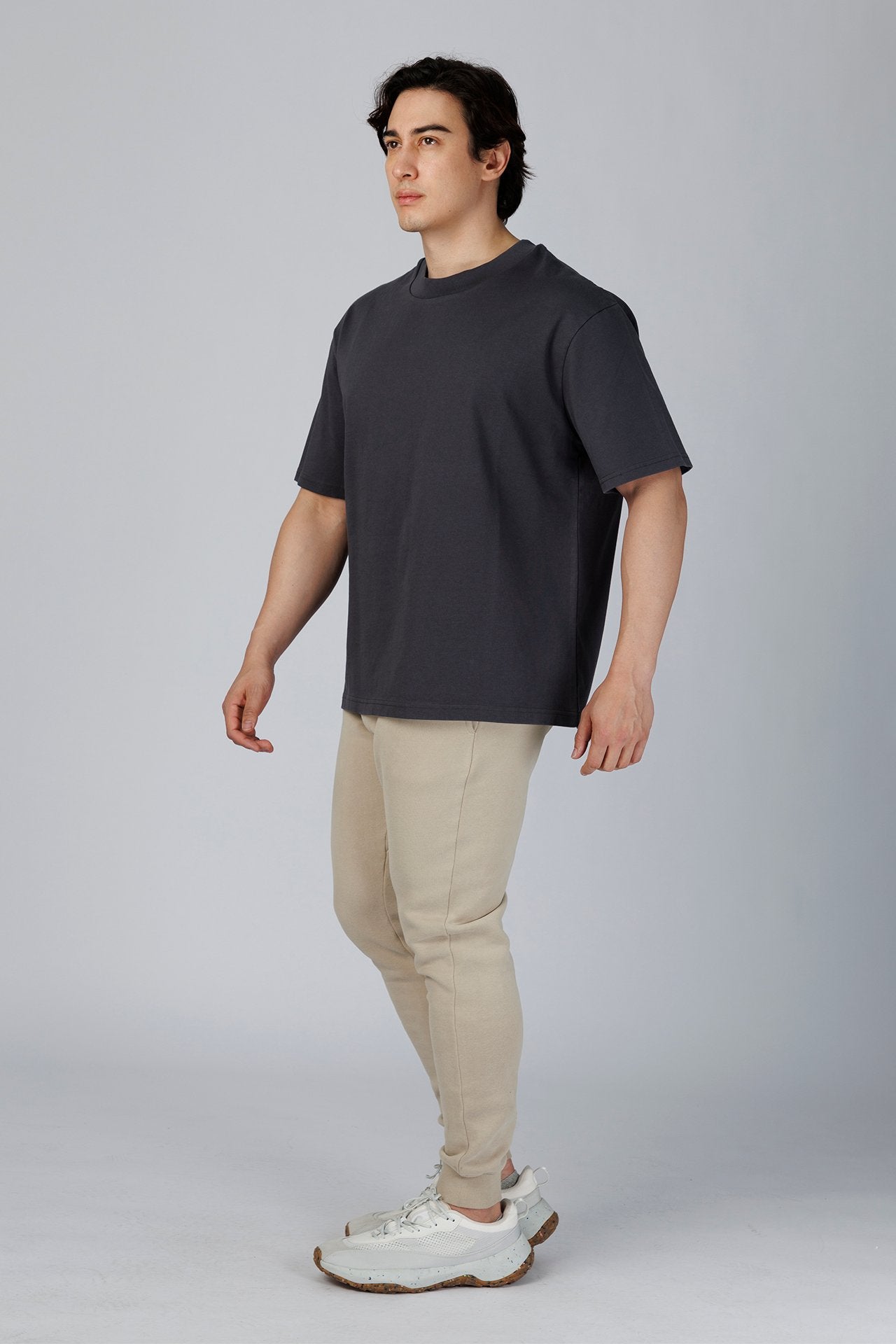 SPJ0350 - Relaxed Fit Mock Neck Straight-Hem Heavyweight Cotton Tee - Dark Grey
