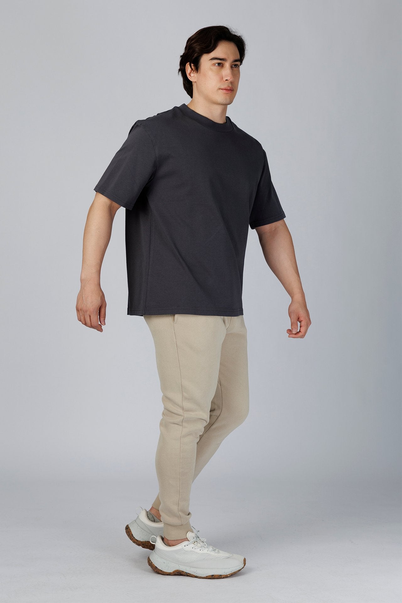 SPJ0350 - Relaxed Fit Mock Neck Straight-Hem Heavyweight Cotton Tee - Dark Grey