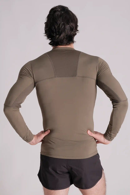 SPJ0361 - Tight Fit Back Mesh Nylon Long Sleeve Workout Tee - Army Green
