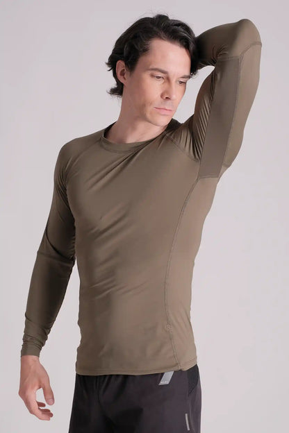 SPJ0361 - Tight Fit Back Mesh Nylon Long Sleeve Workout Tee - Army Green