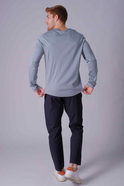 SPJ0400 - Finest US Supima Cotton Crew Curve-Hem Long Sleeve Tee - Greyish Blue