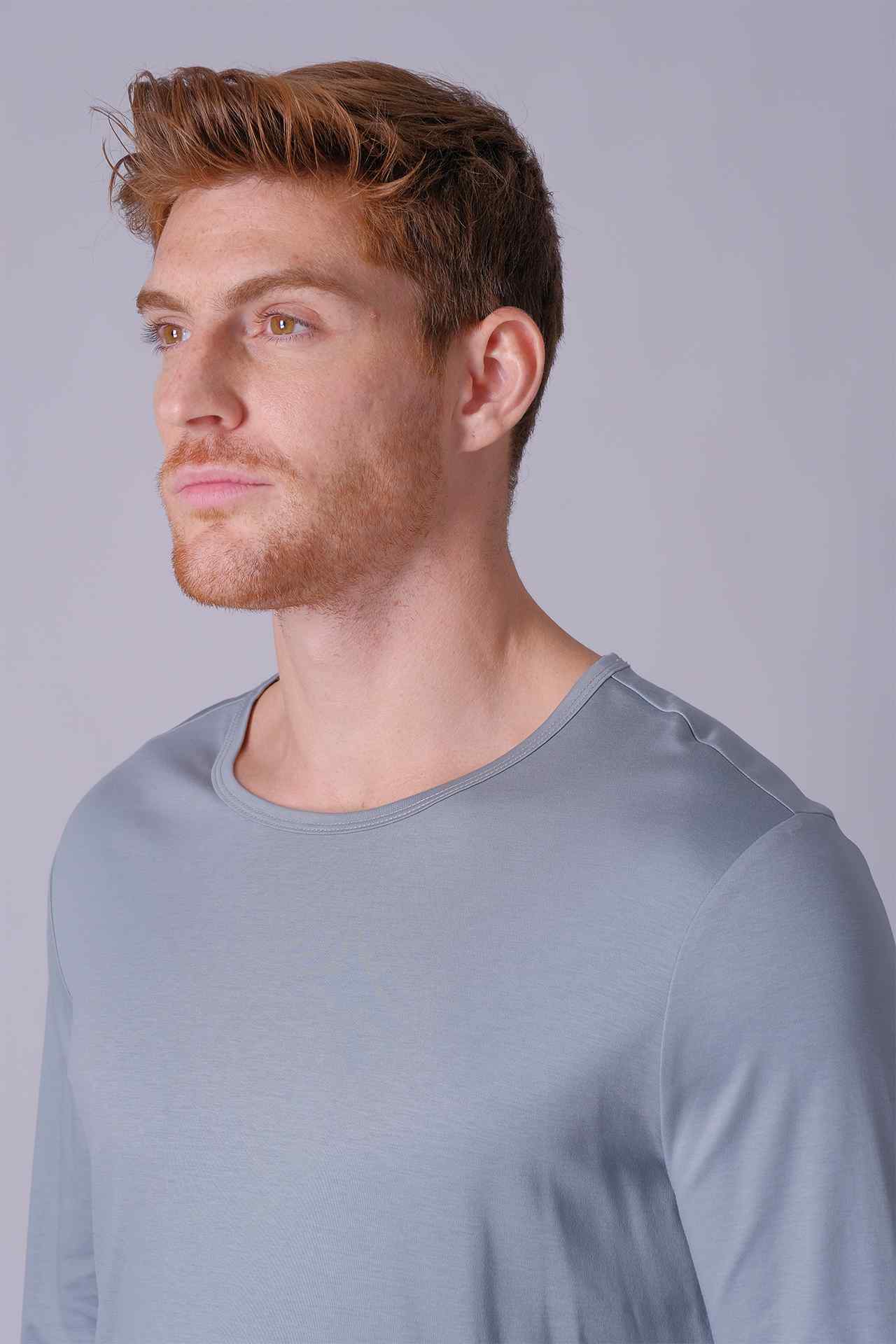 SPJ0400 - Finest US Supima Cotton Crew Curve-Hem Long Sleeve Tee - Greyish Blue