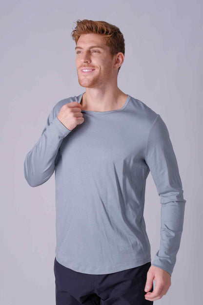 SPJ0400 - Finest US Supima Cotton Crew Curve-Hem Long Sleeve Tee - Greyish Blue