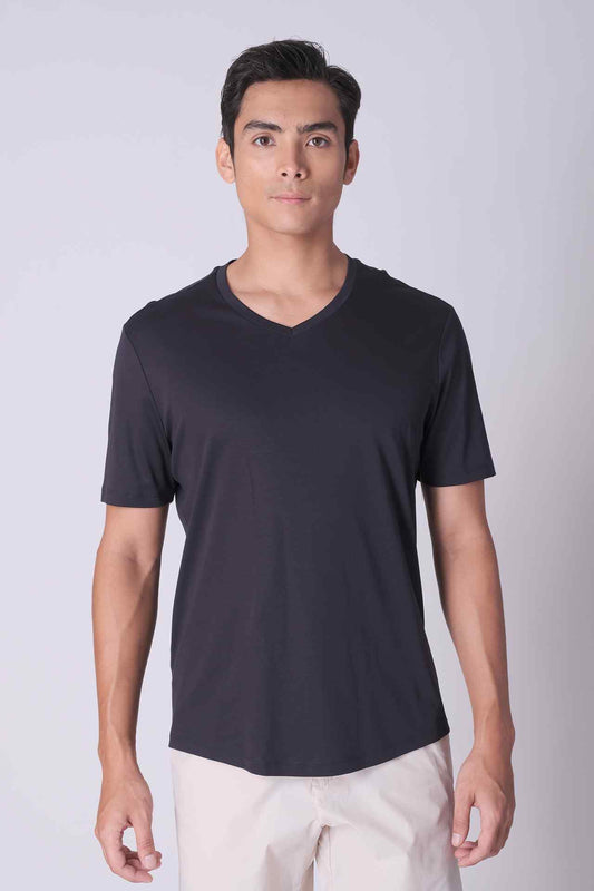 SPJ0401 - Finest US Supima Cotton V-Neck Curve-Hem Short Sleeve Tee - Black