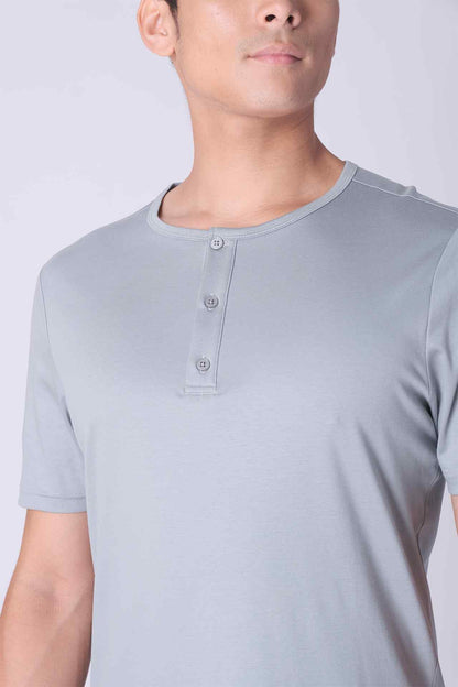 SPJ0402 - Finest US Supima Cotton Curve-Hem Short Sleeve Henley - Mid Grey
