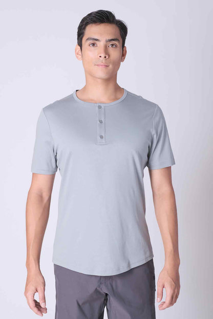 SPJ0402 - Finest US Supima Cotton Curve-Hem Short Sleeve Henley - Mid Grey
