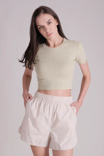 SPWJ0422 - Women's Essential Organic Cotton Stretchy Crop Tee - Green