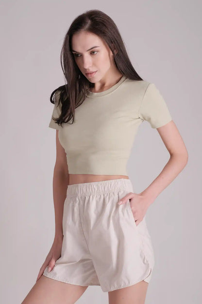 SPWJ0422 - Women's Essential Organic Cotton Stretchy Crop Tee - Green