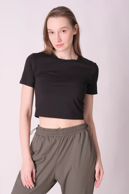 SPWJ0423 - Women's Essential Stretchy Cotton Modal Crop Top - Black