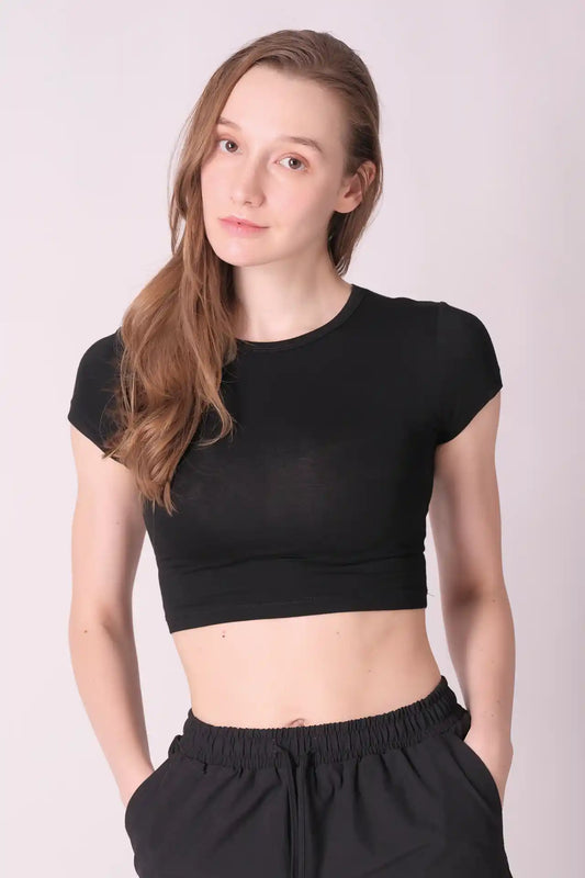 SPWJ0424 - Women's Essential Stretch Viscose Crop Tee - Black