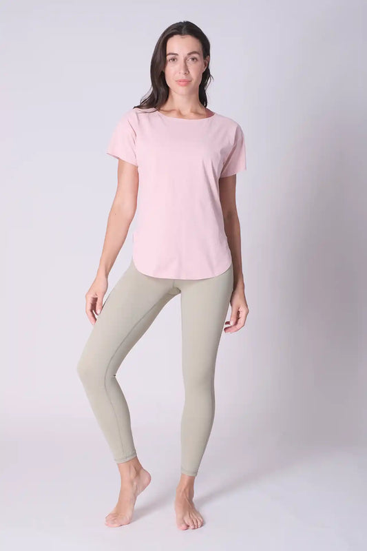 SPWJ0425 - Women's Wide Neck Curved Hem Yoga Tee - Baby pink