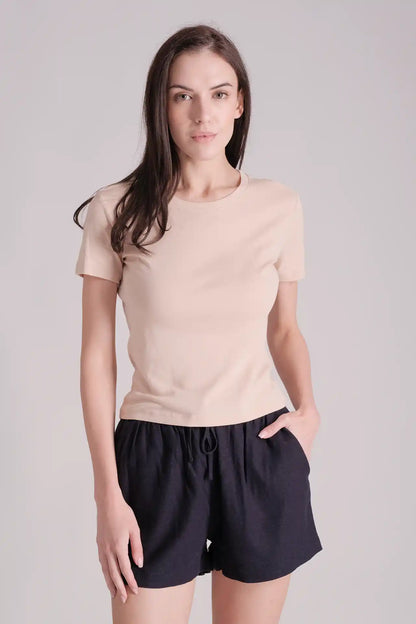 SPWJ0429 - Women's Essential Organic Cotton Stretchy Crew Tee - Beige