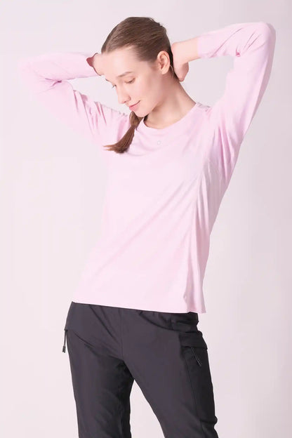 SPWJ23019 - Women's Meshed Raglan Crewneck Long Sleeve Top - Pink