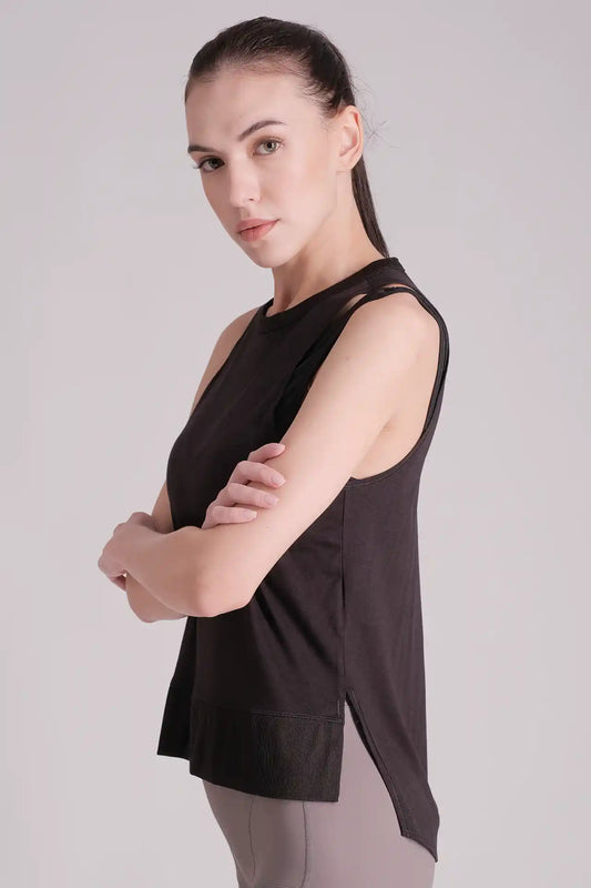 SPWK0139 - Women's High-Low Cut-out Back Tank Top - Black
