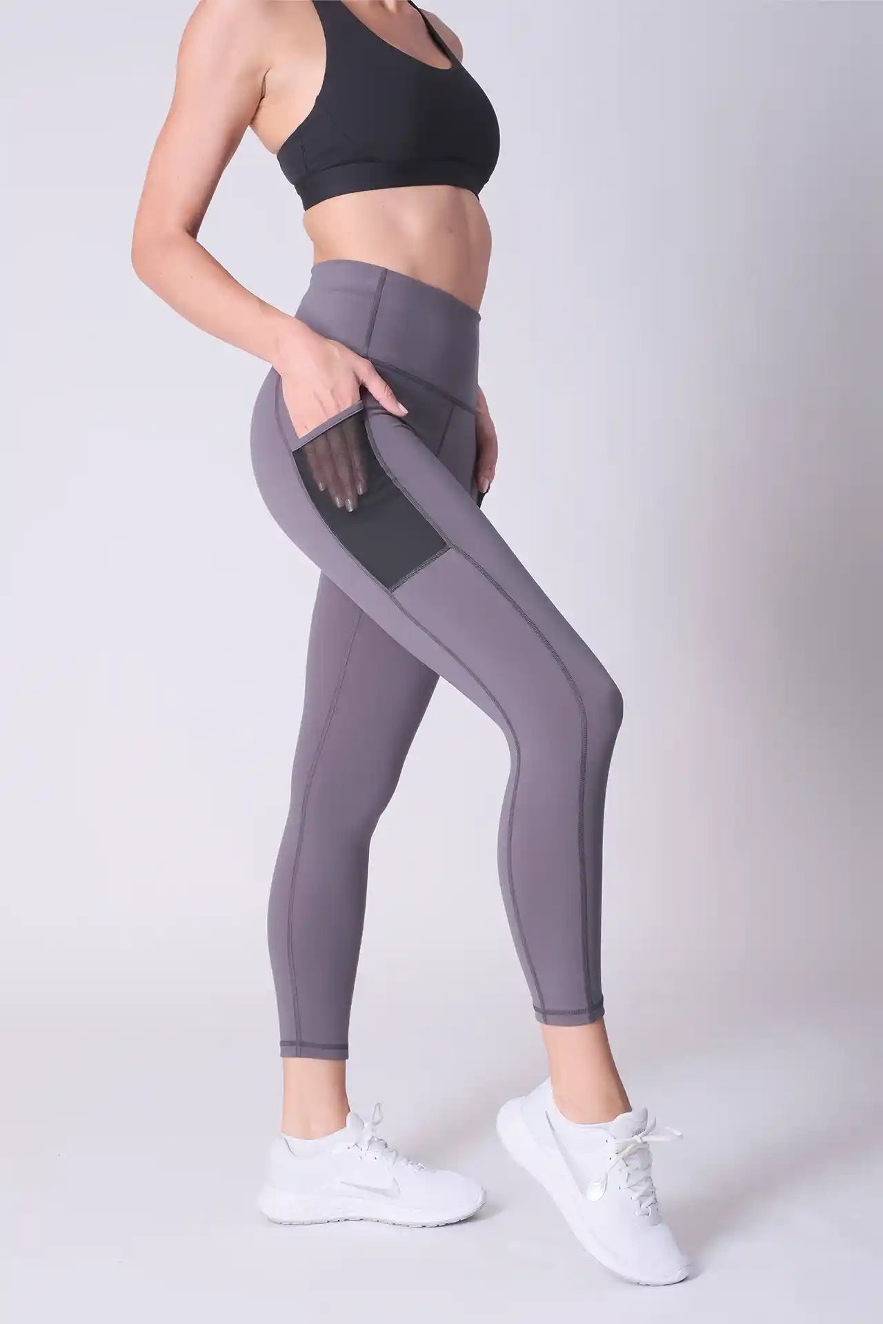 SPWL0001 - Women's Meshed Side Pocket Leggings 25" - Dark Grey