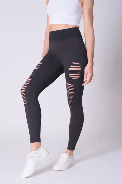 SPWL0020 - Women's High Waisted Laser Cut Leggings 25.5" - Black