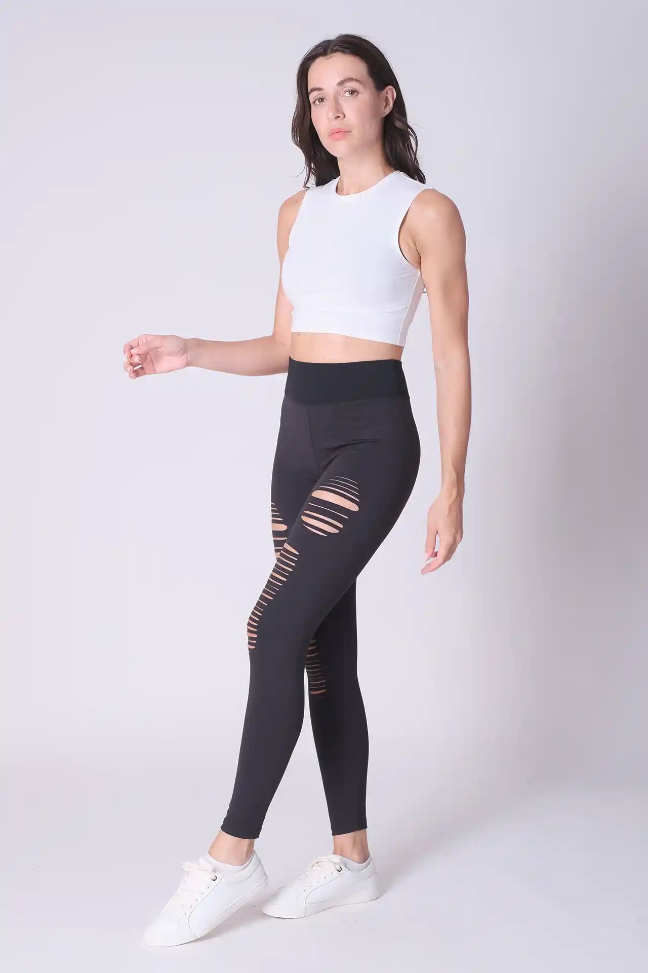 SPWL0020 - Women's High Waisted Laser Cut Leggings 25.5" - Black