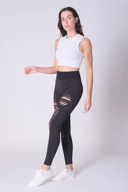 SPWL0020 - Women's High Waisted Laser Cut Leggings 25.5" - Black