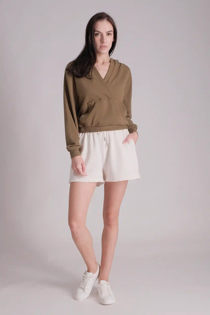 SPWN0215 - Women's Essential Overlapping Cropped Hoodie - Army Green