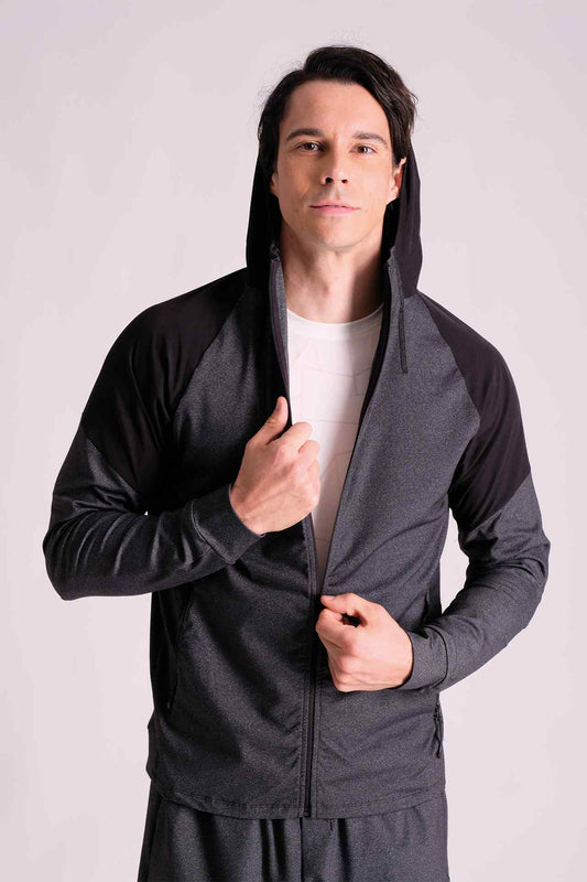 SPN0236 - Stretch Nylon Contract Panel Zip Up Active Hooded Jacket - Heather Grey
