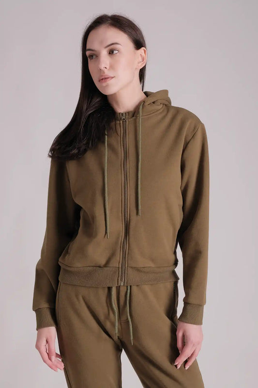 SPWN0266 - Women's Ultra Soft Mid-weight Thermal Cotton Blend Polar Fleece Rib Collar Hoodie - ARMY