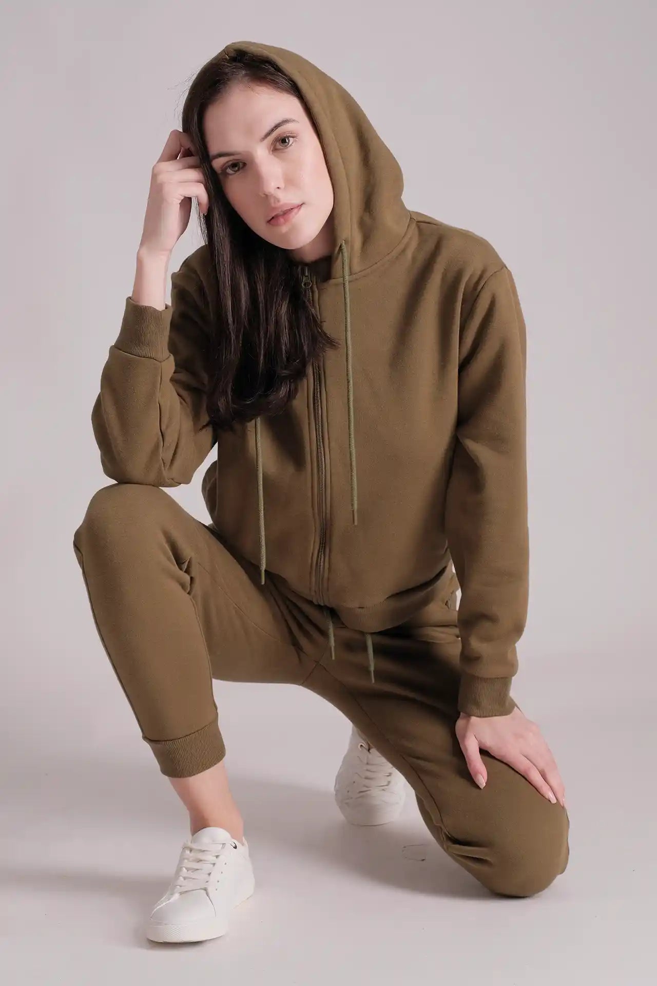 SPWN0266 - Women's Ultra Soft Mid-weight Thermal Cotton Blend Polar Fleece Rib Collar Hoodie - ARMY