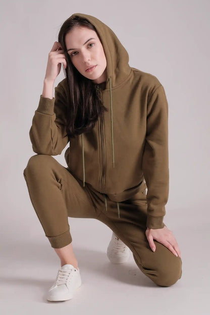 SPWN0266 - Women's Ultra Soft Mid-weight Thermal Cotton Blend Polar Fleece Rib Collar Hoodie - ARMY