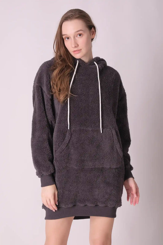 SPWN0276 - Women's Essential Fur Hoodie Dress - Dark Grey
