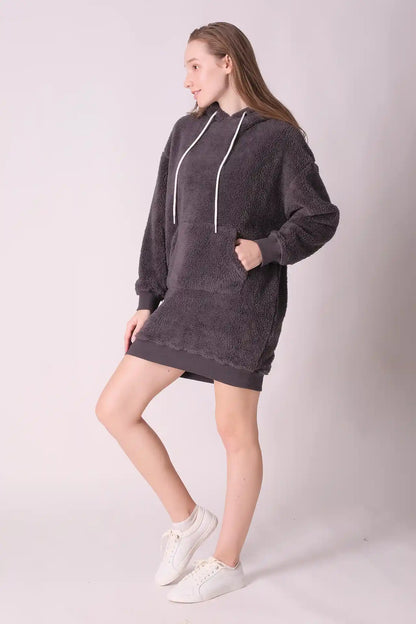 SPWN0276 - Women's Essential Fur Hoodie Dress - Dark Grey