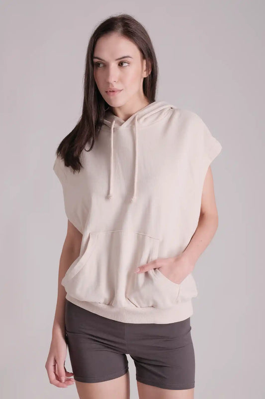 SPWN0295 - Women's Essential Relax Sleeveless Hoodie - Beige