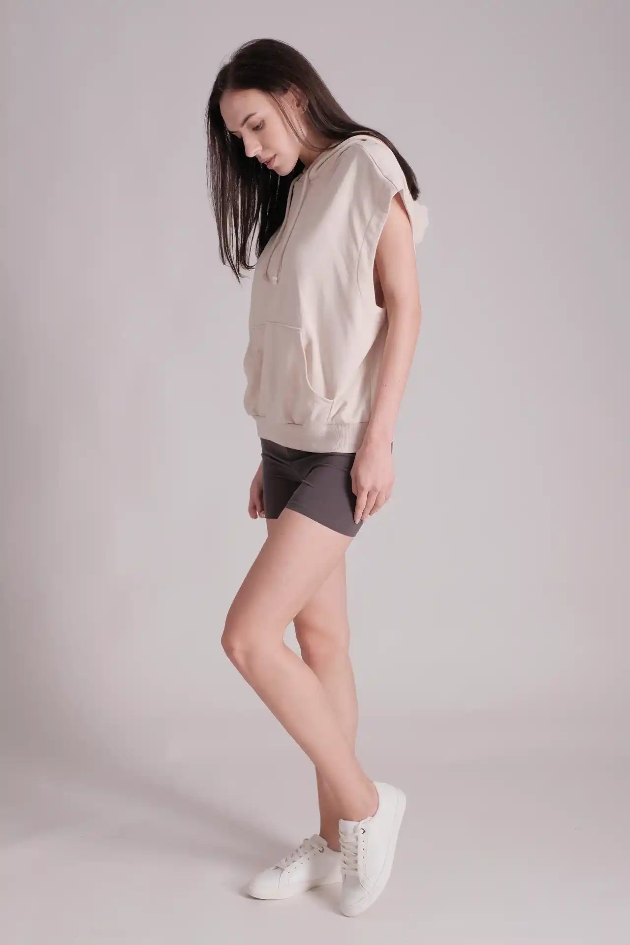 SPWN0295 - Women's Essential Relax Sleeveless Hoodie - Beige