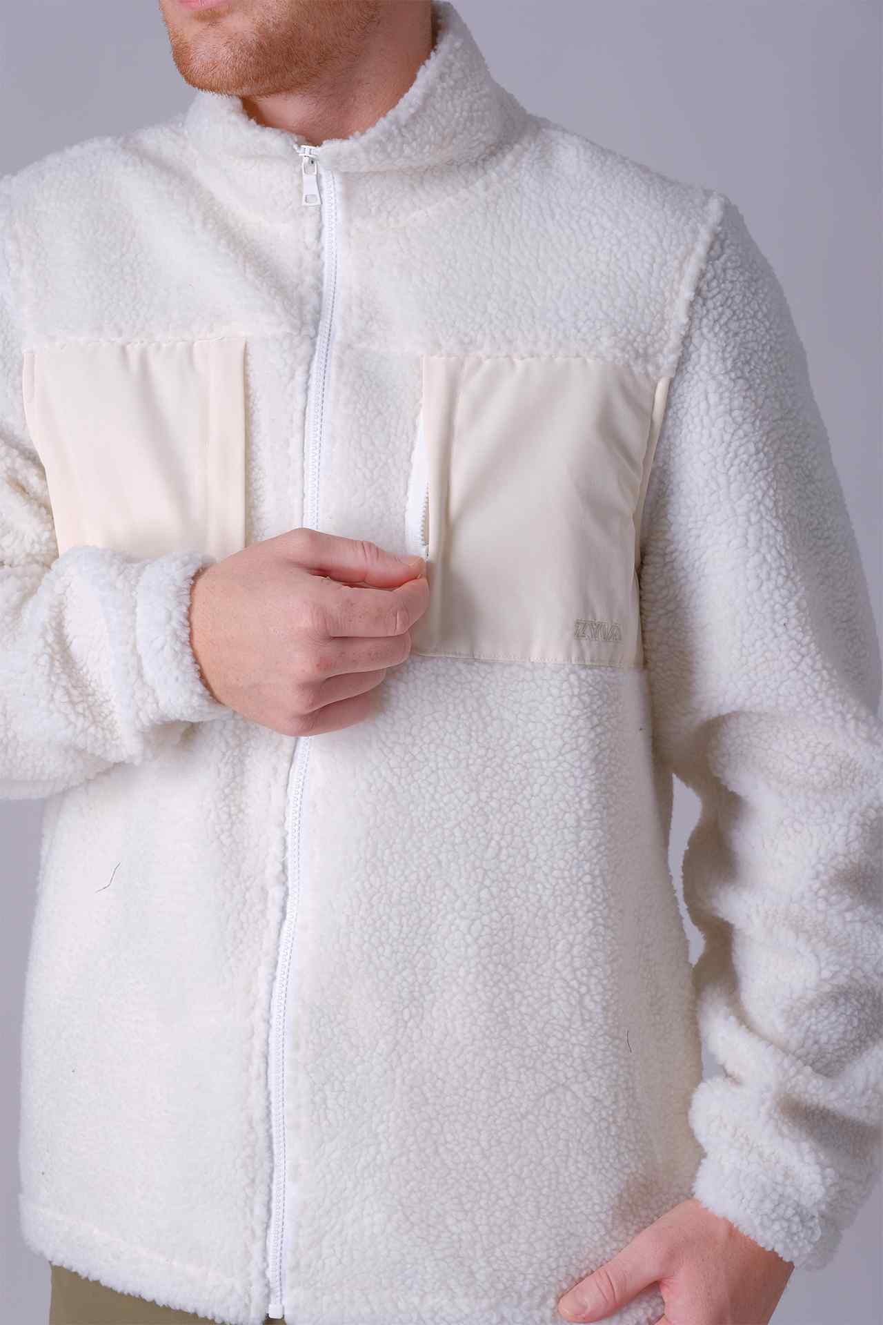 SPO0072 - Sustainable Boa Fleece Patched Pocket Zip Up Jacket - White