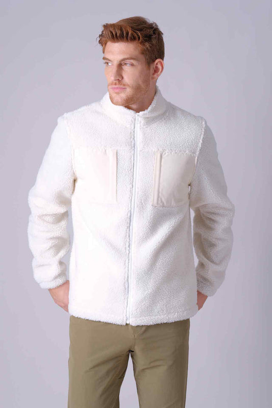 SPO0072 - Sustainable Boa Fleece Patched Pocket Zip Up Jacket - White