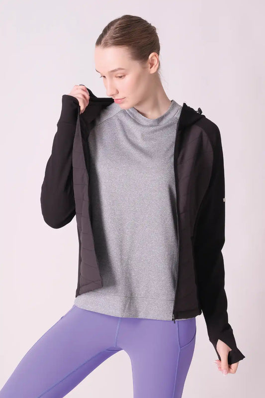 SPWO0077 - Women's Hooded Diagonal Quilted Jacket  - Black