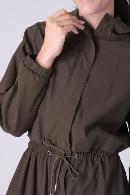 SPWO0087 - Women's Lightweight Water Resistant Tied Waist Windbreaker Long Jacket - Dark Army