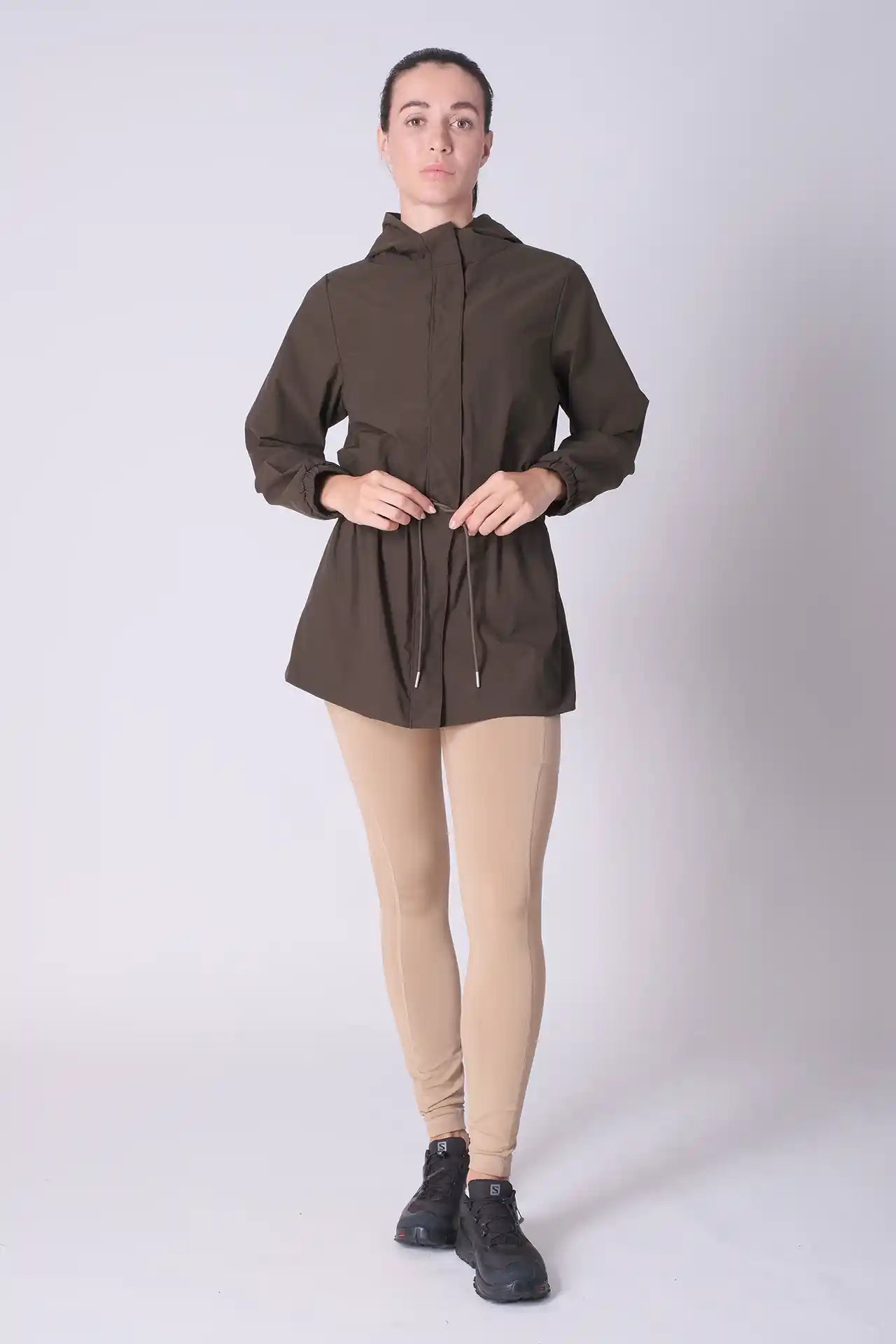 SPWO0087 - Women's Lightweight Water Resistant Tied Waist Windbreaker Long Jacket - Dark Army