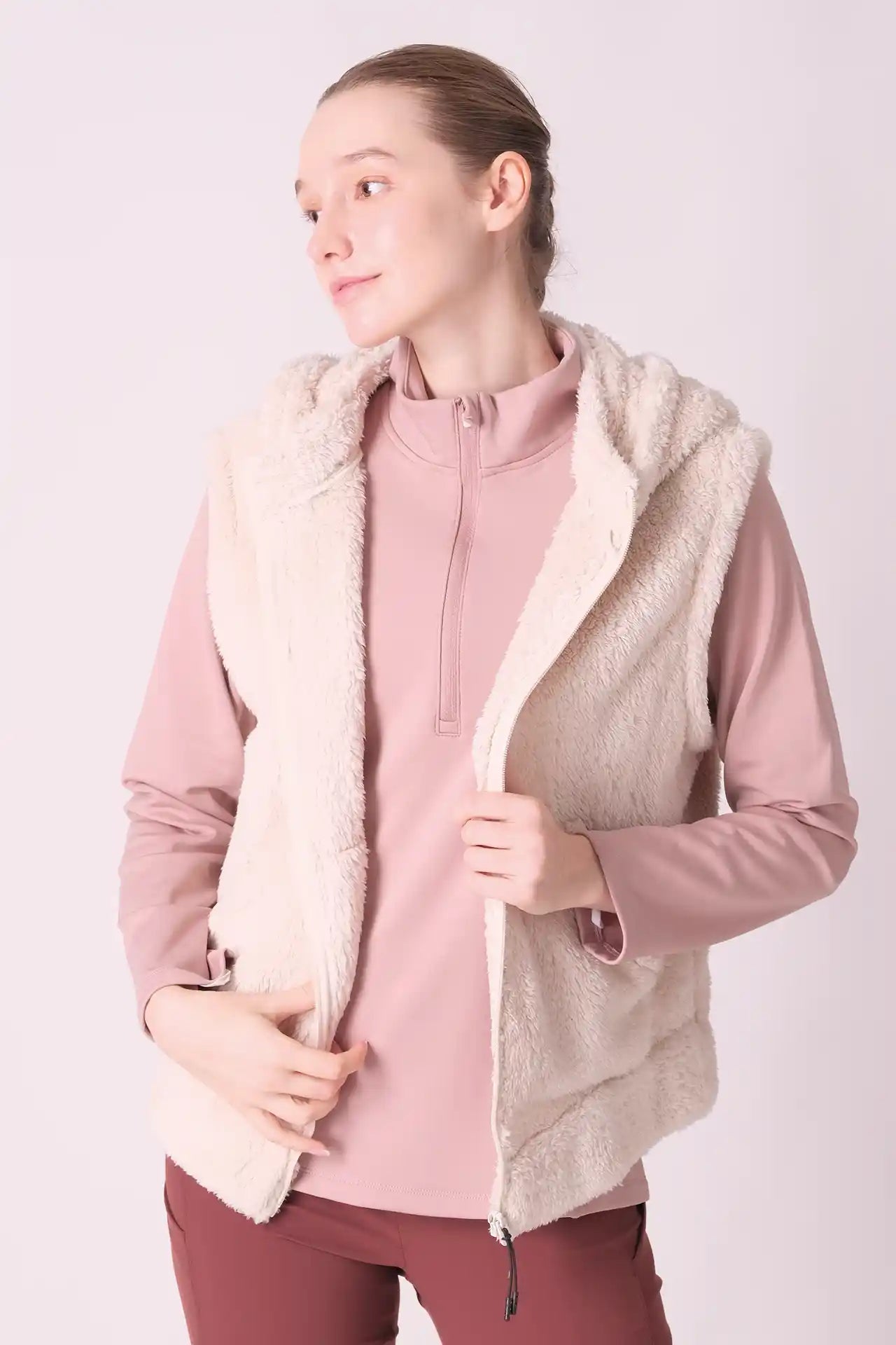 SPWO0124 - Women's Sherpa Fleece Hooded Vest - Cream