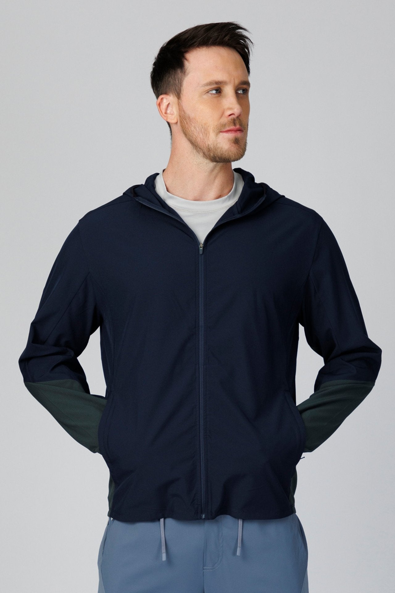 SPO0218 - Lightweight Stretch Full-Zip Packable Windbreaker Hooded Jacket - Navy