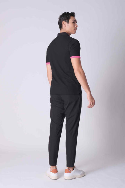 SPP0048 - Stretch Pique Color-Blocking Short Sleeve Polo Shirt - Black / Pink