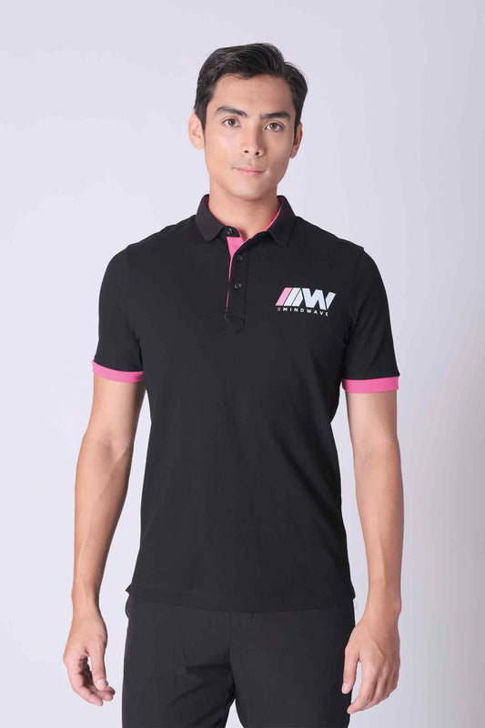 SPP0048 - Stretch Pique Color-Blocking Short Sleeve Polo Shirt - Black / Pink