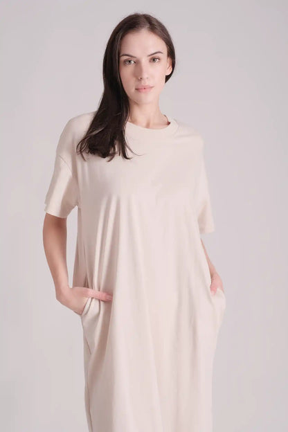 SPWQ0025 - Women's Essential Ultra Soft Organic Cotton Side Pocket Dress - Cream