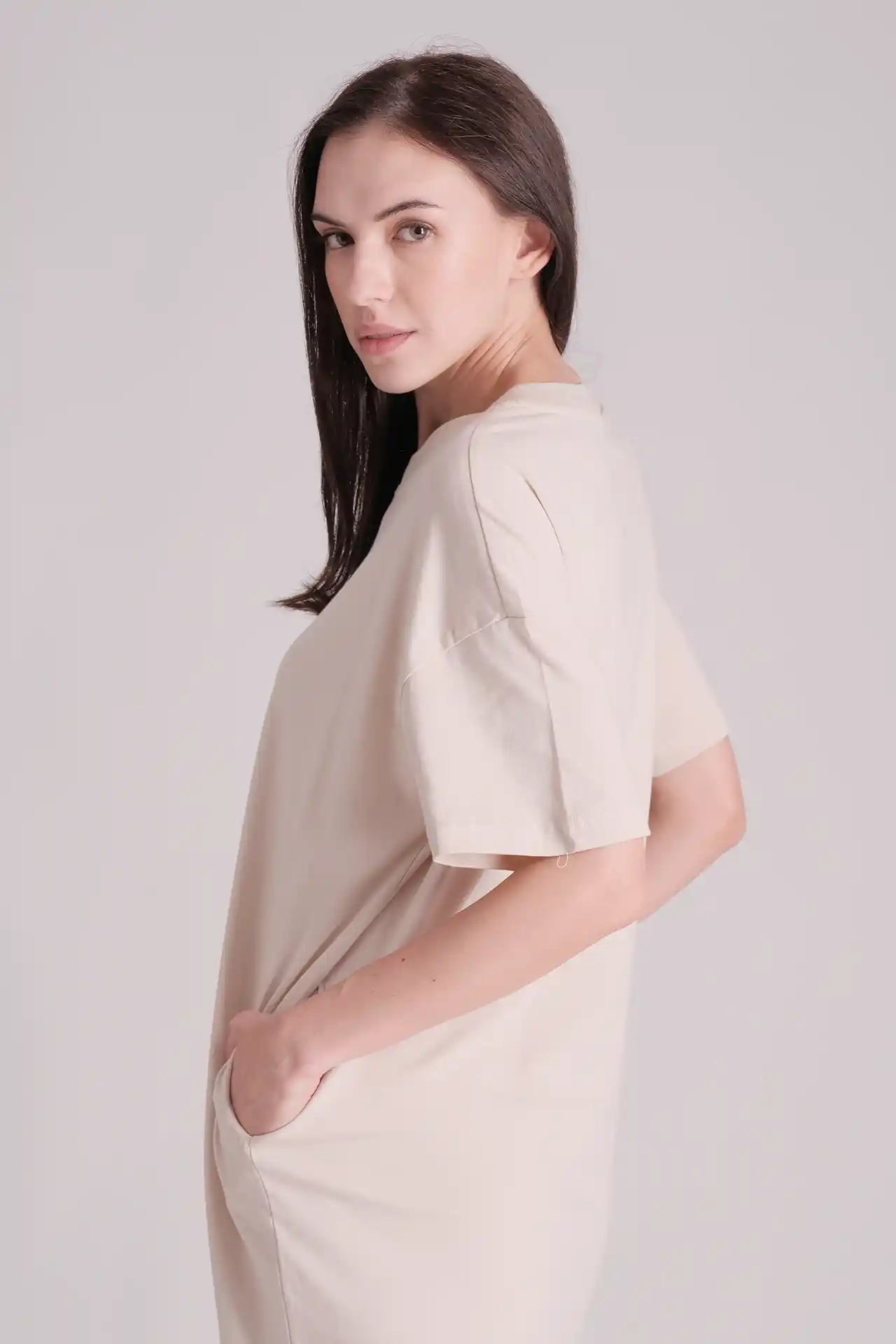 SPWQ0025 - Women's Essential Ultra Soft Organic Cotton Side Pocket Dress - Cream