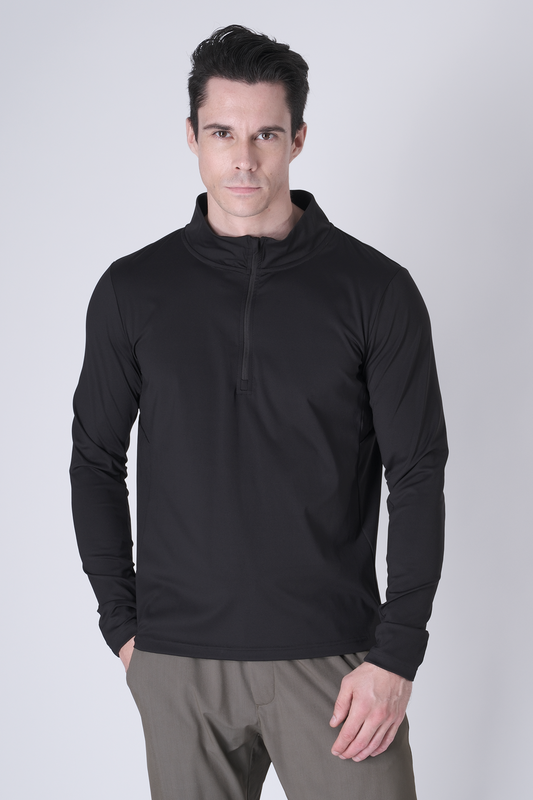 SPR0002 - Ultra Soft Stretch Nylon Mock Neck Workout Half Zip Top - Black