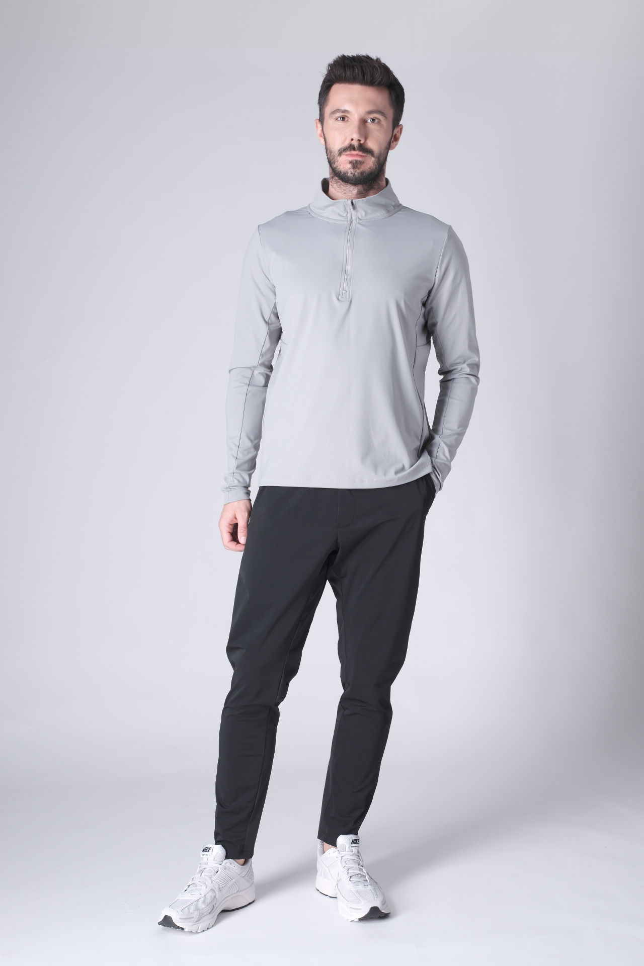 SPR0002 - Ultra Soft Stretch Nylon Mock Neck Workout Half Zip Top - Grey